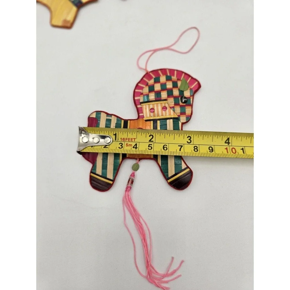 4 Vtg‎ Painted Straw Christmas Ornaments Double Sided Colorful Horse Elephant